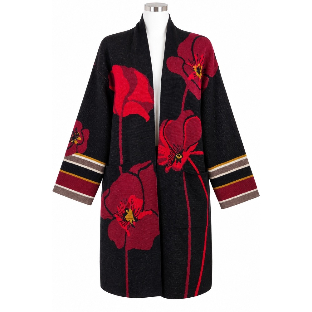 MaxSport Floral Poppy Long Cardigan Sweater Coat Black Red Size M NWT